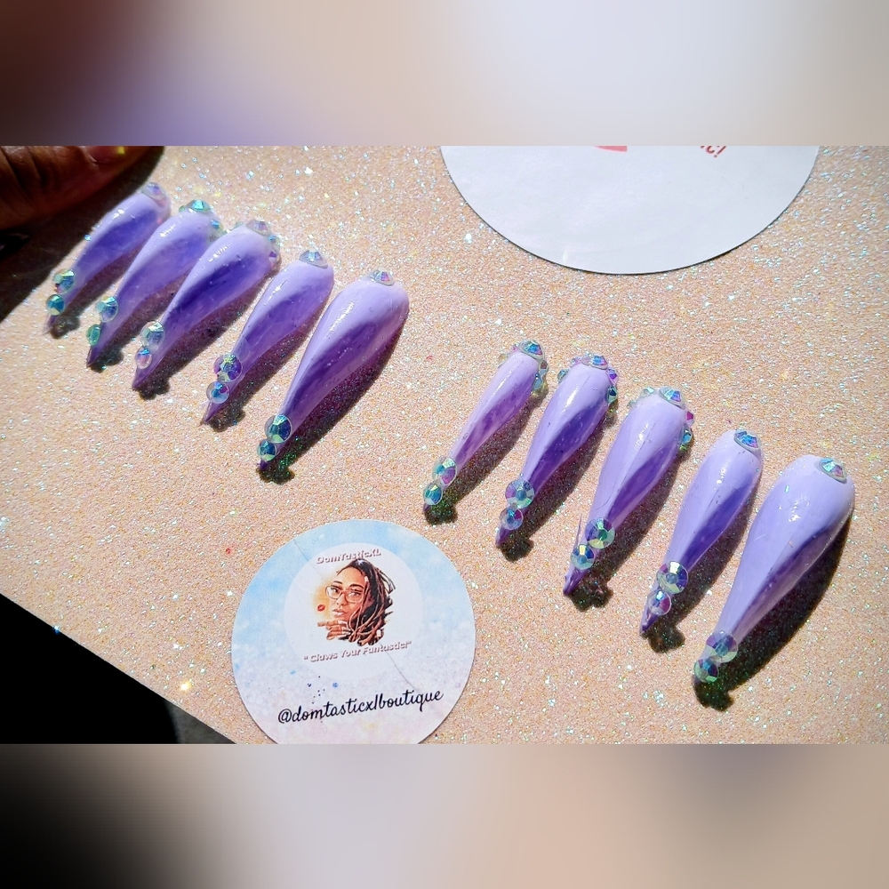 Purple Press-On Nails with Crystal Accents Handmade
